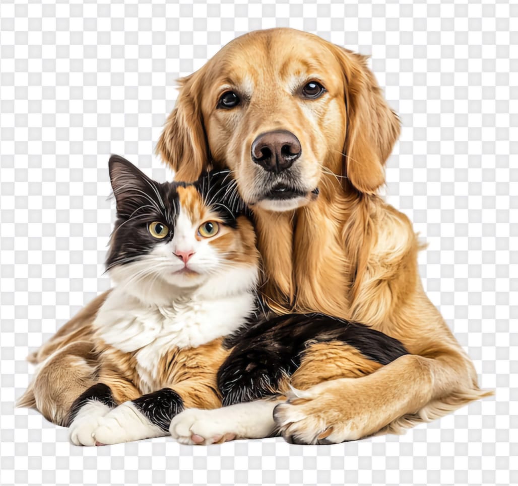 A golden retriever and a calico cat resting together