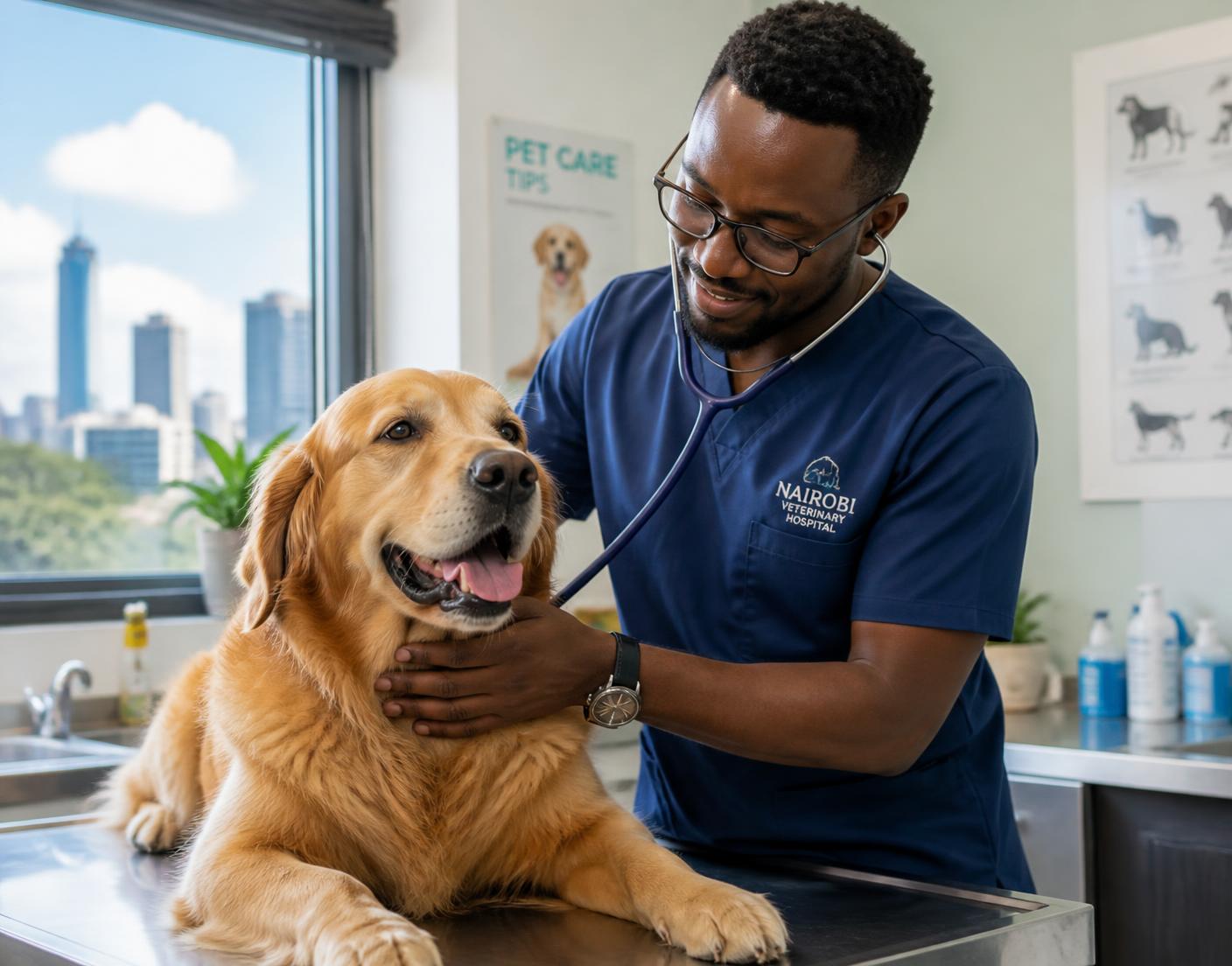 Veterinarian examining a golden retriever at Companion Vet Clinic in Nairobi