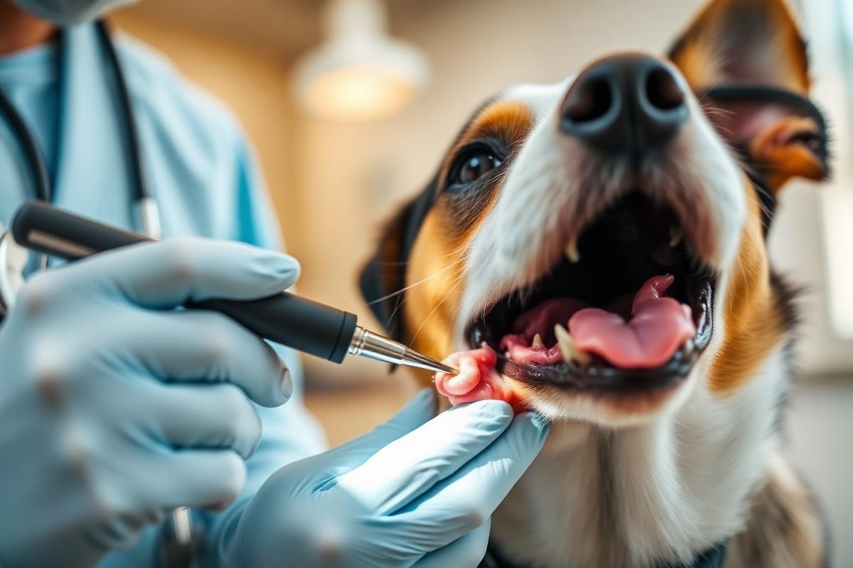 Veterinarian examining a dog's teeth and gums during a dental check at a Nairobi clinic